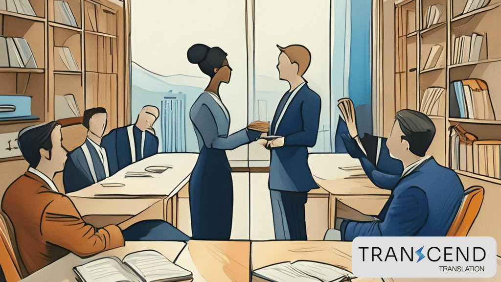 Six people having a meeting and miscommunication in the workplace -Transcend Translation